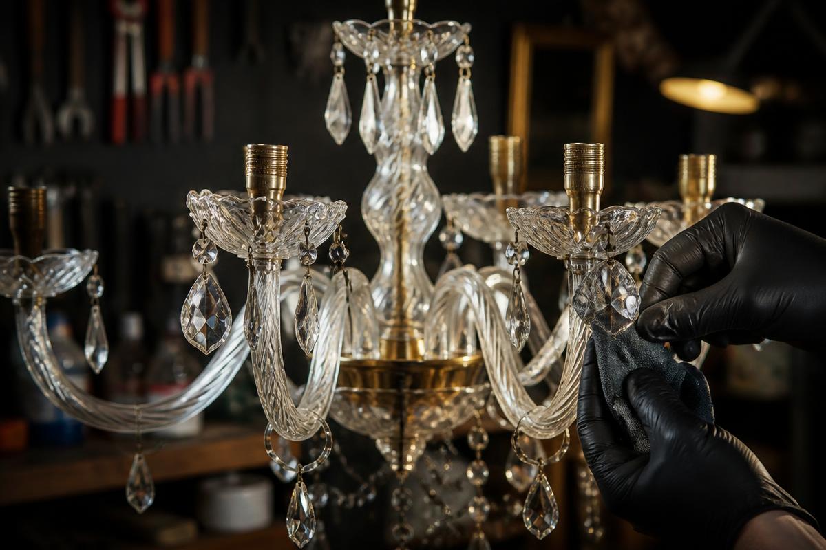 Crystal chandelier being cleaned and repaired in a workshop