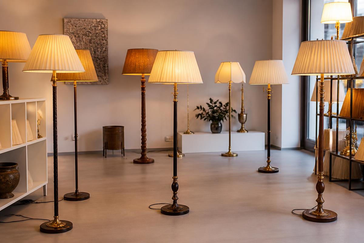 Restored floor lamps with warm amber shades in a showroom